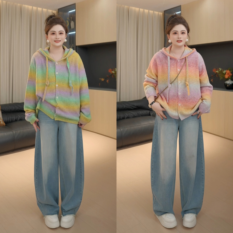 【胖佳佳】现货~调色盘 渐变毛衣开衫秋季撞色连帽外套H625Z17057