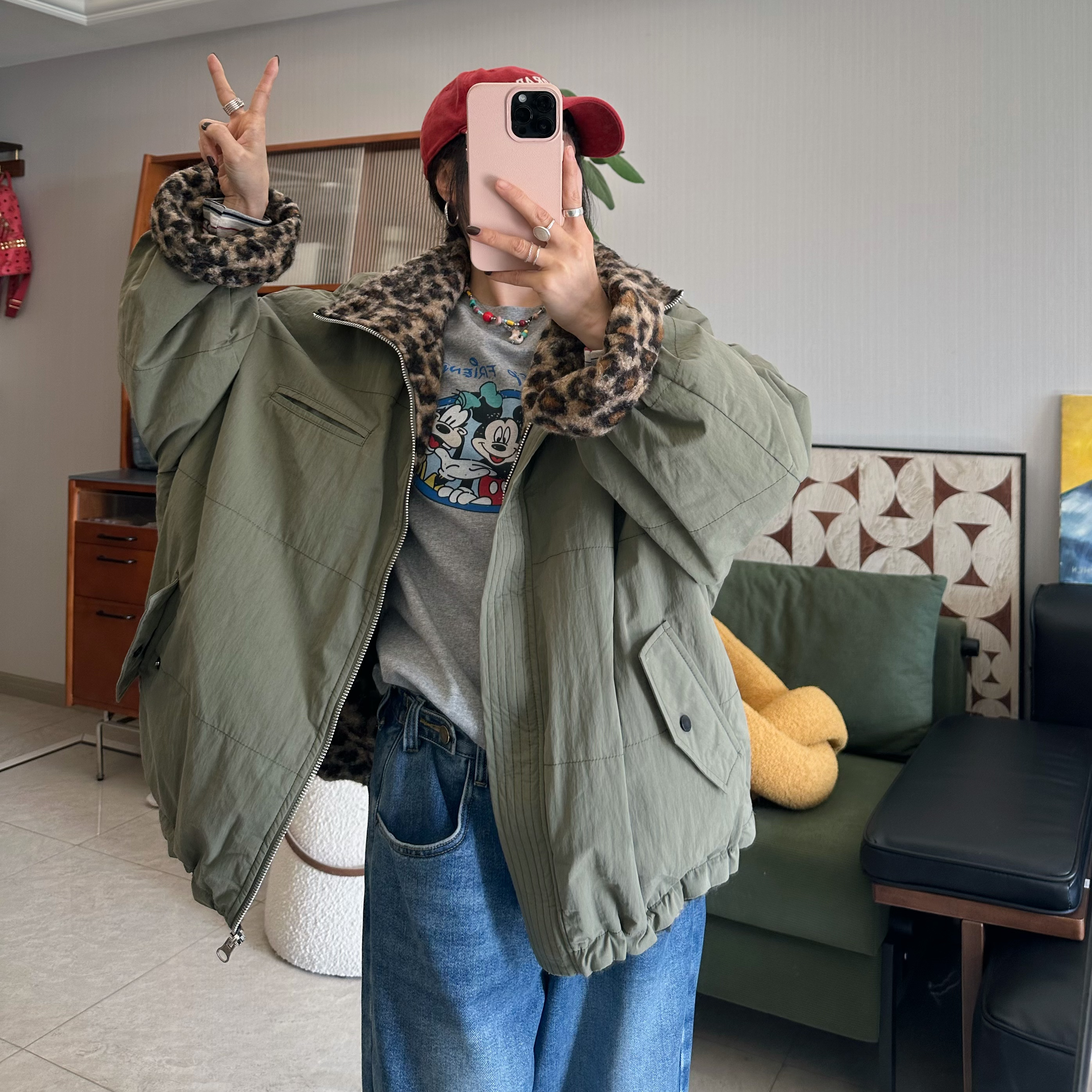 qiqi/琦琦推荐 韩版宽松两面穿豹纹工装外套加厚保暖毛毛立领休闲