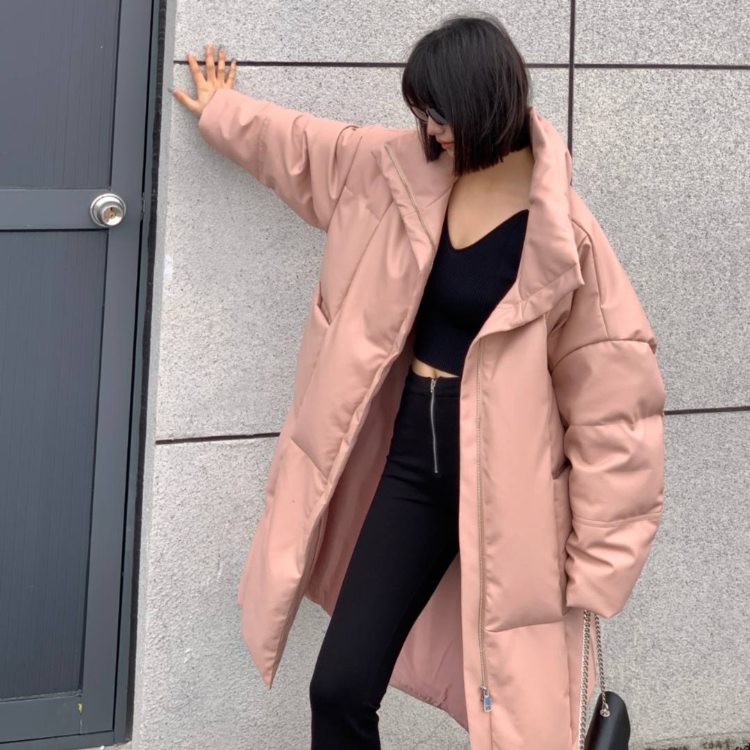 PAPERLLL辛间蛋白皮长款羽绒服女冬季2025新款粉色加厚过膝外套