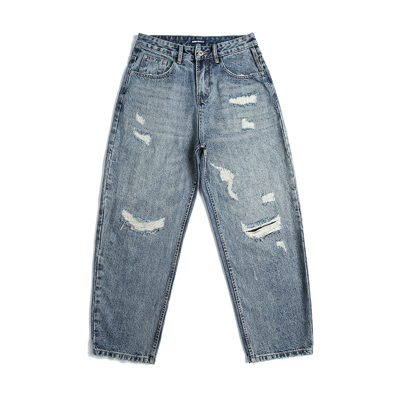 牛仔裤秋冬夏季美式宽松破洞时尚毛边春夏做旧男精致微锥版高街