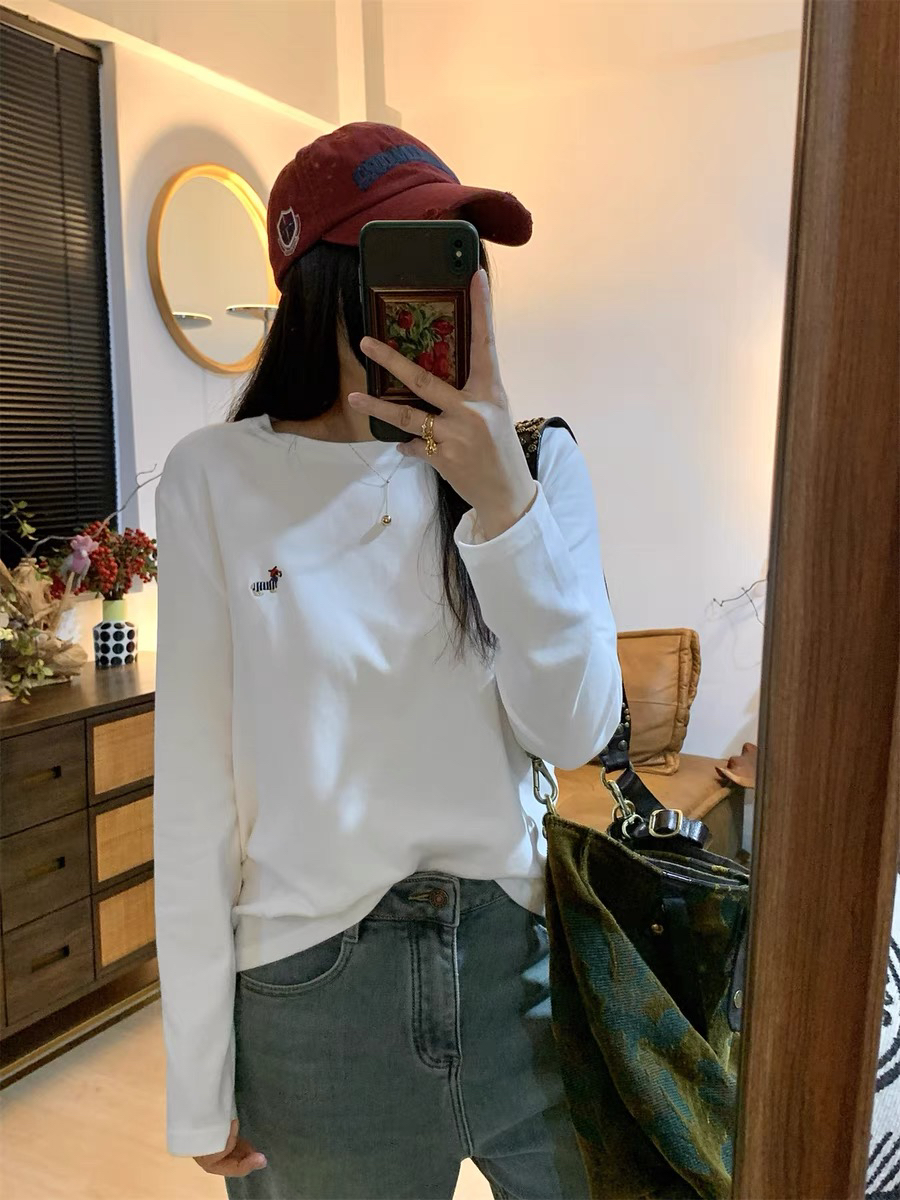 180圆领长袖刺绣T恤休闲纯色秋冬宽松秋季