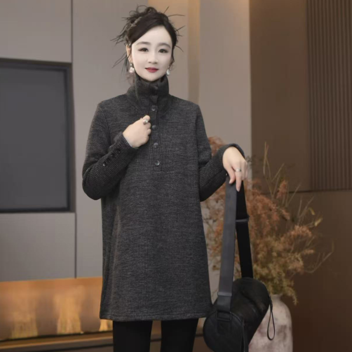 6862冬季新款长袖2025宽松休闲时尚半开领加绒卫衣女