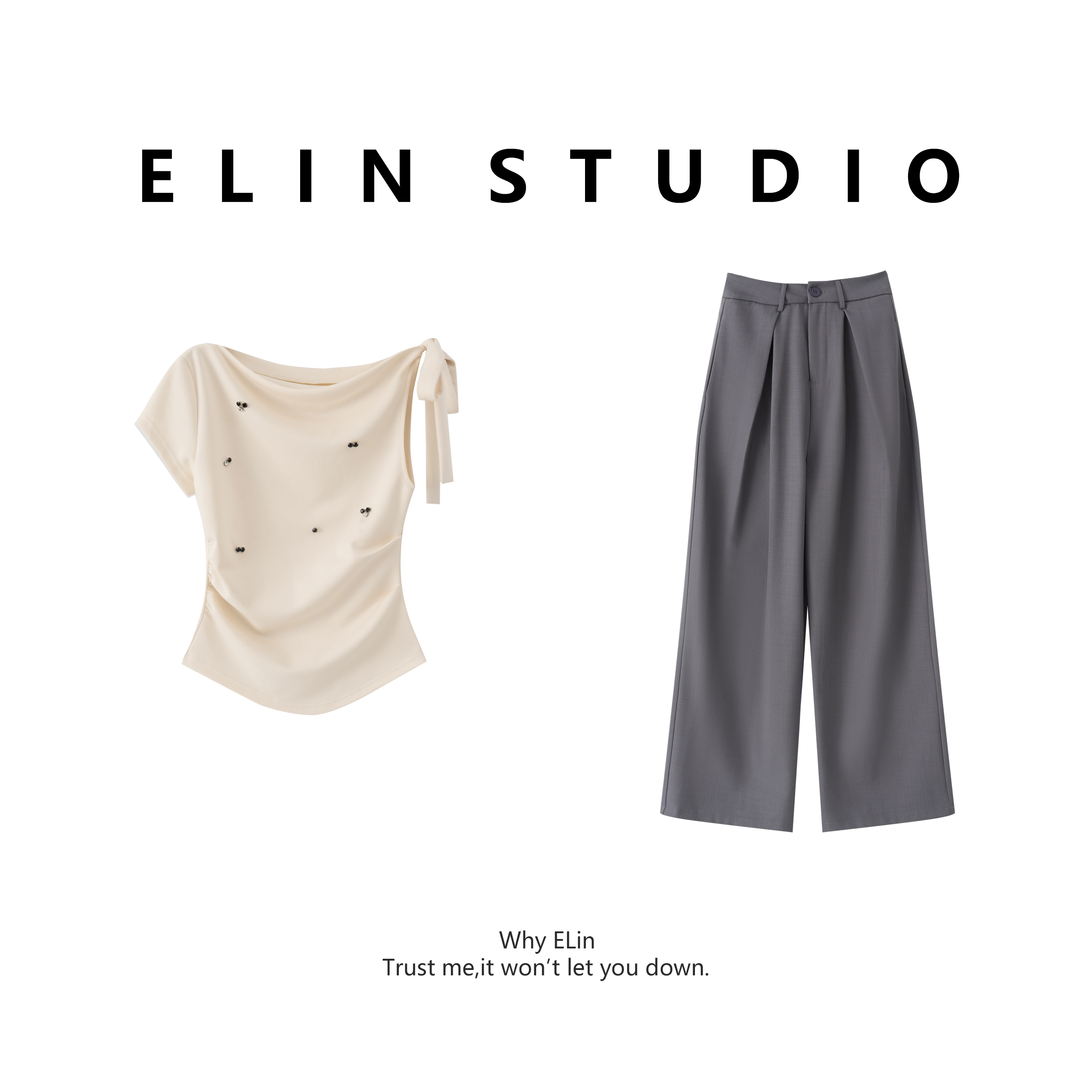 ELIN/现货【简秒于形】夏新款气质显瘦百搭轻奢洋气时尚套装#LT256