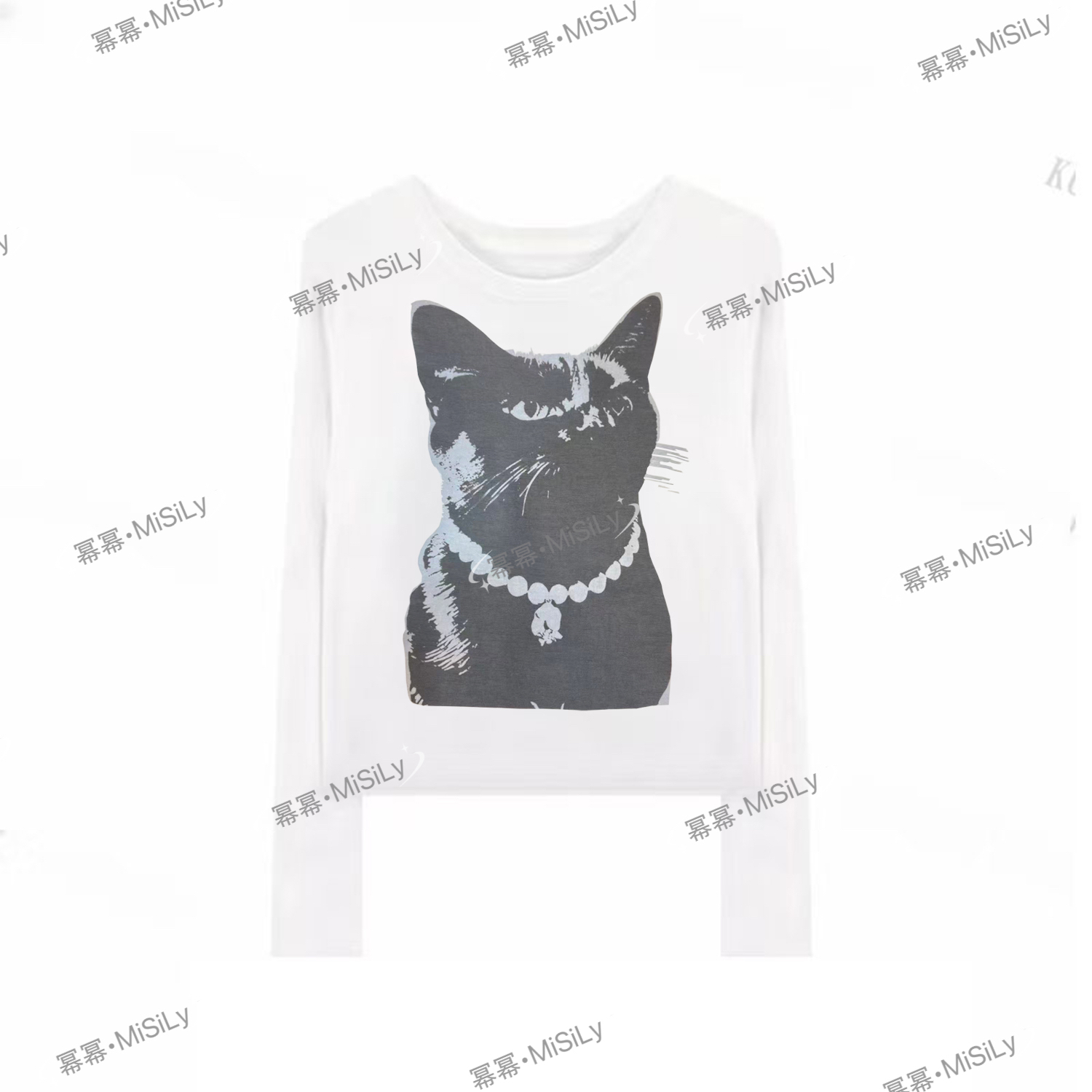 【长袖美式猫咪】秋季修身正肩上衣猫咪印花莱赛尔天丝长袖t恤女