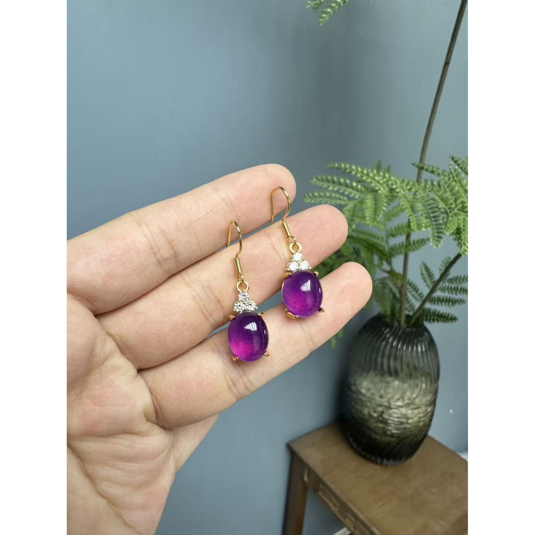 翡翠紫翡14k四爪小蛋面耳钩