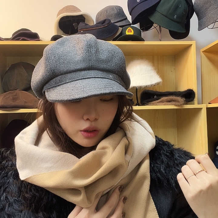 纯棉人字纹八角贝雷帽有檐