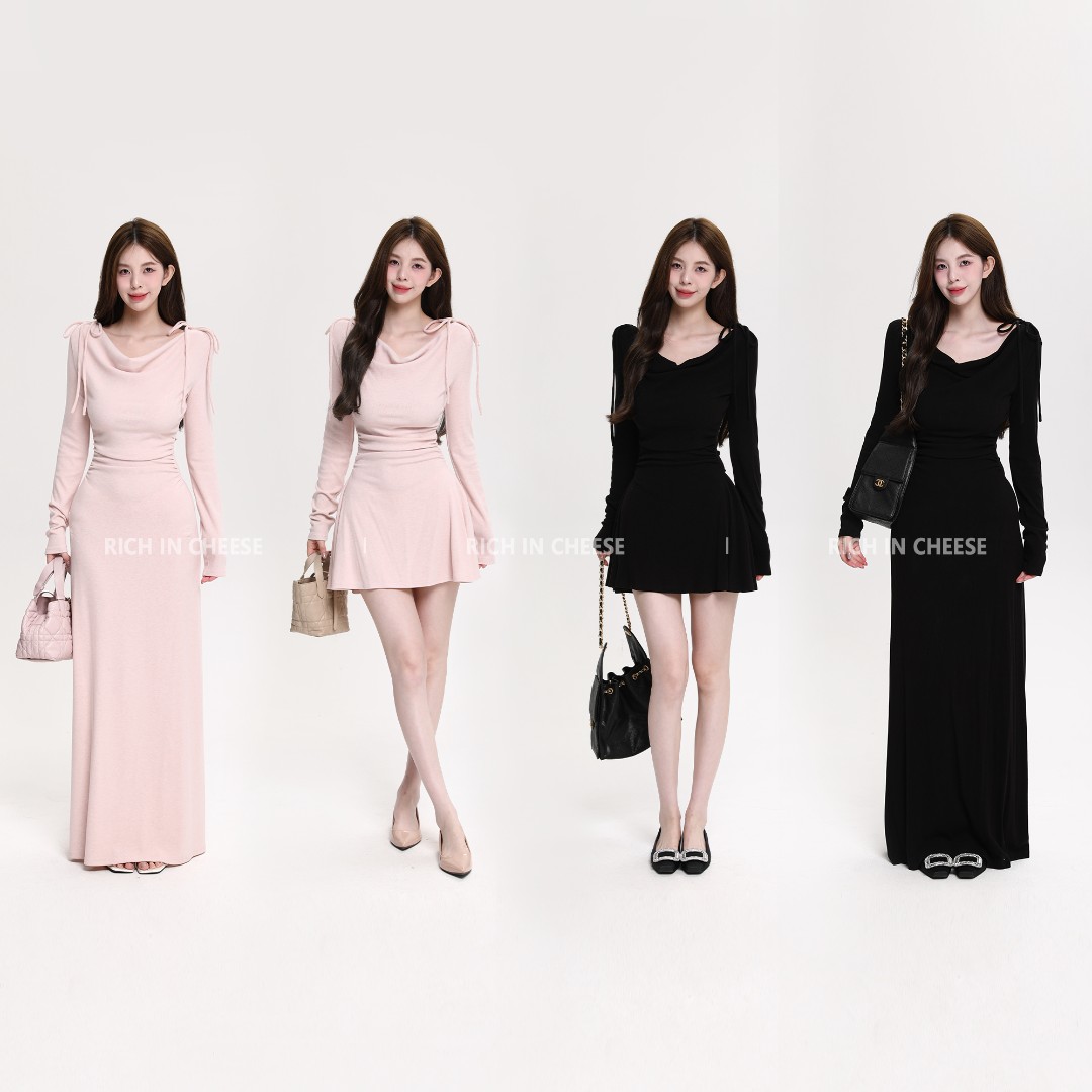 舒胡蕾 秋日韩味【一裙三穿】蝴蝶结荡领三穿抽褶弹力收腰连衣裙