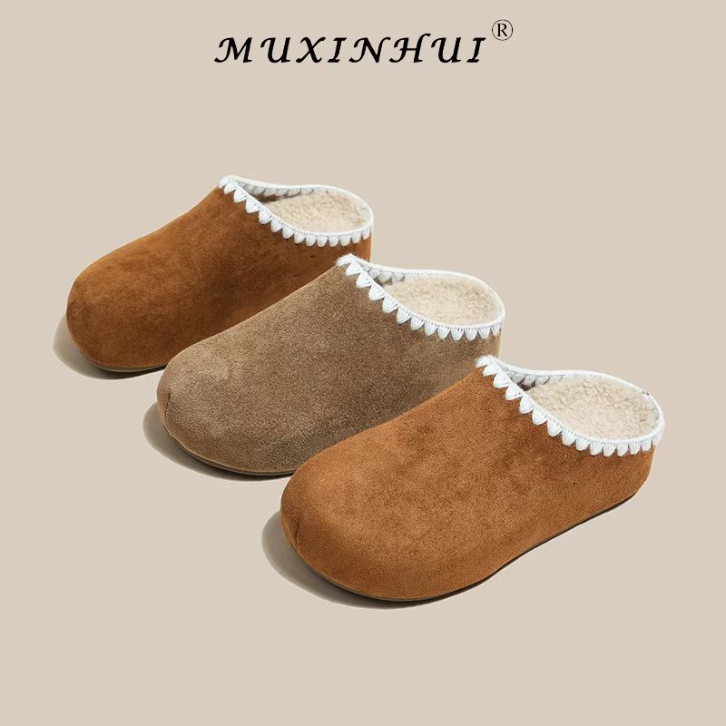 【品牌】5cm加绒软底增高包头半拖鞋女2025秋季新款花边勃肯鞋639