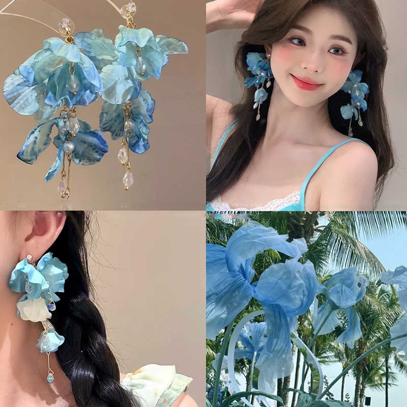 高级感夸张蓝色花朵流苏耳环女小众度假风花瓣耳钉氛围感气质耳饰