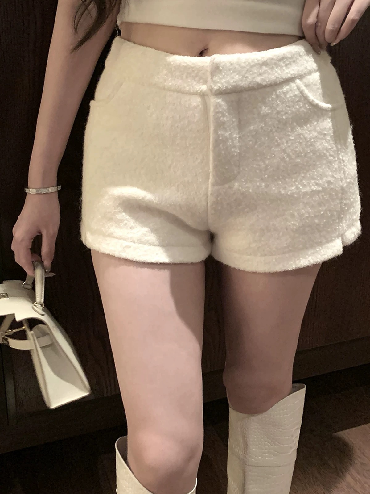 Hello熙熙【白色千金】小香风纯欲修身百搭毛呢加短裤秋冬外穿 C023