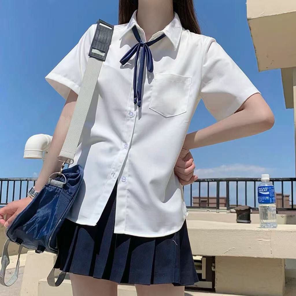 尾单收腰短袖JK衬衫修身显瘦日系校供感学院风夏季外搭扣号链接