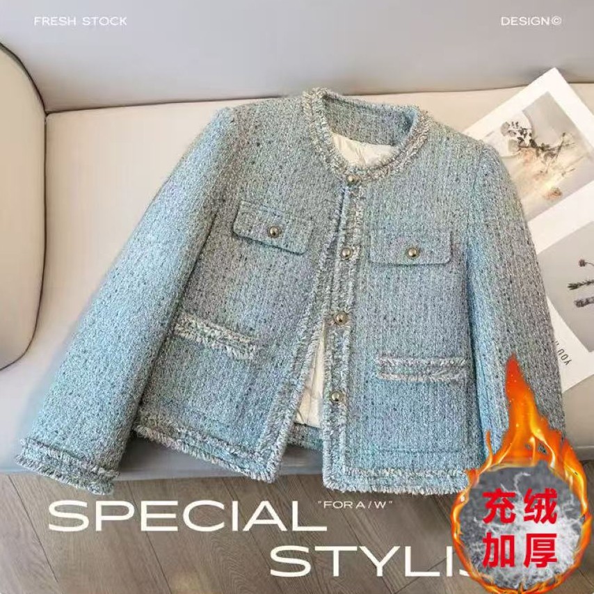 【当天发+运费险】充绒水蓝色气质外套冬粗花呢高级流苏小香风P2633