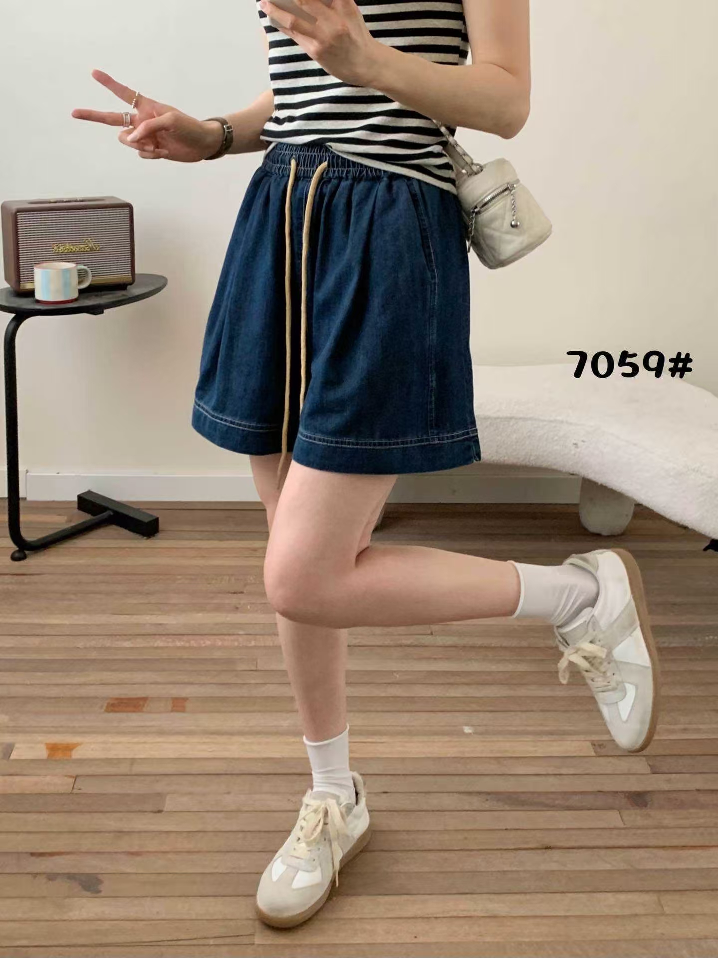 牛仔短裤女夏季新款松紧腰明线薄款女阔腿裤