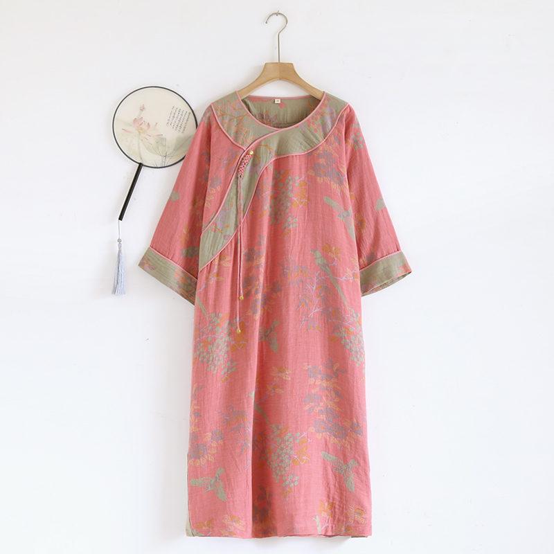 【暖居】夏季新品上新新中式流苏扣色织棉家居服圆领八分袖睡裙