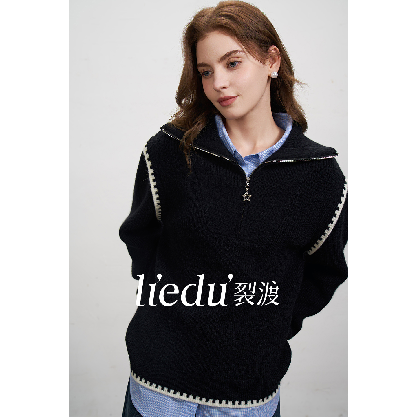 裂渡【奶白黑巧】微胖大码2025秋冬翻领毛衣女针织开衫外套ZY510R27
