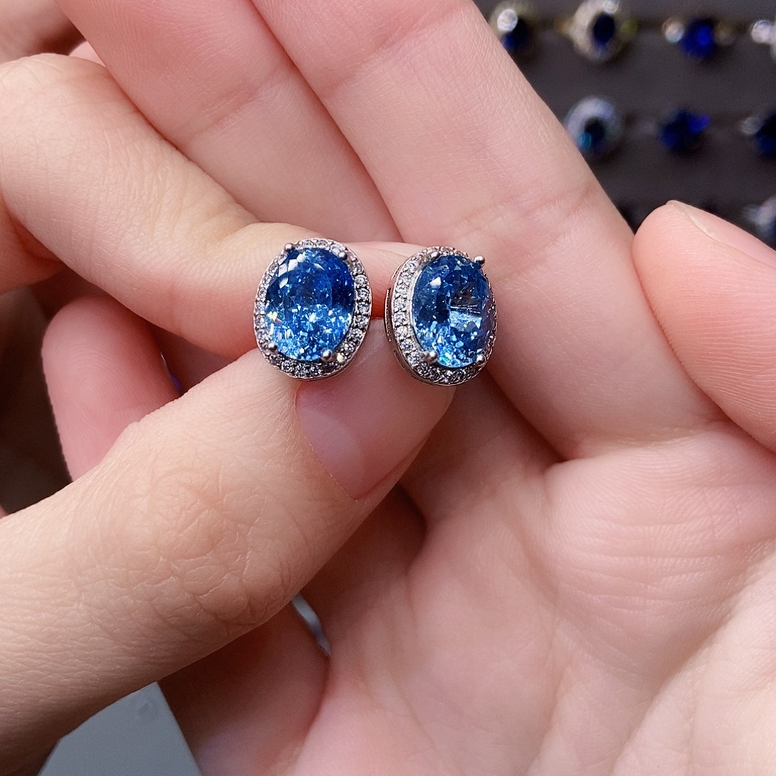 海蓝宝石耳饰银S925镶嵌