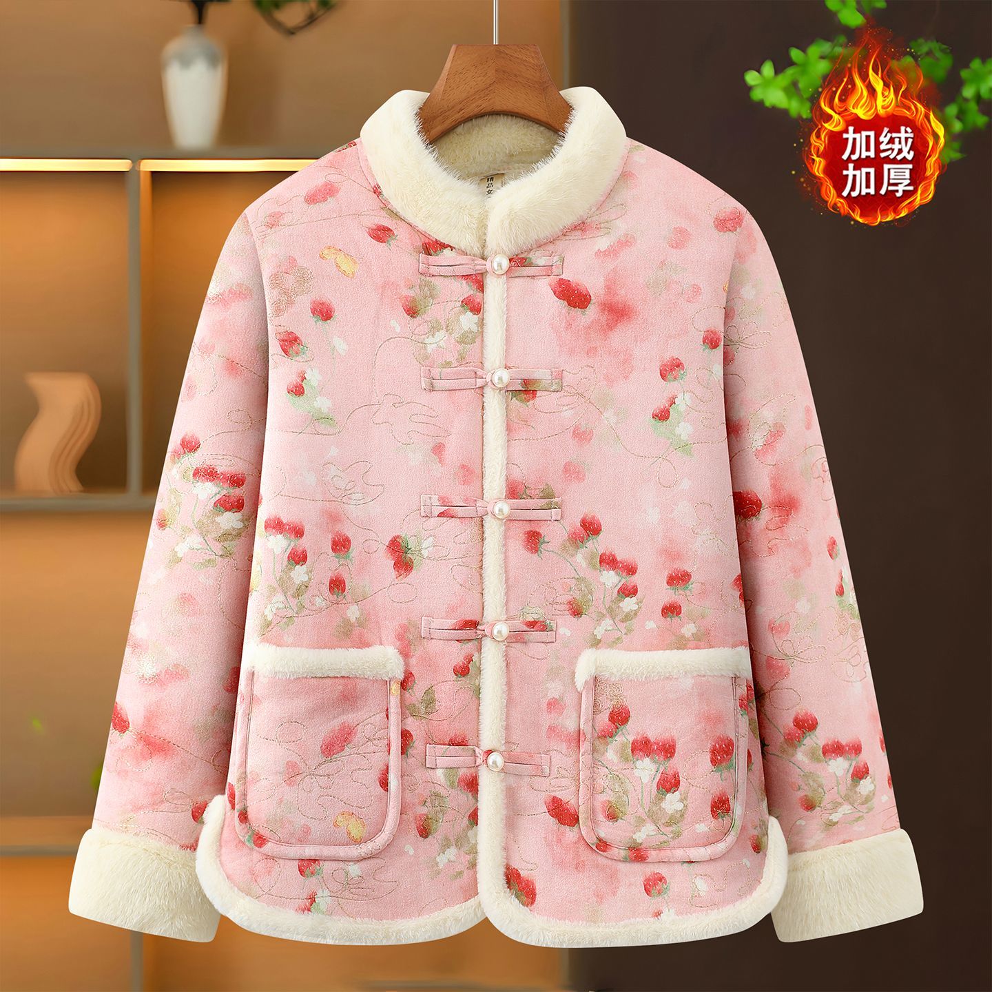冬季加绒棉袄加厚网红新款复古国风妈妈盘扣洋气棉衣保暖棉服外套