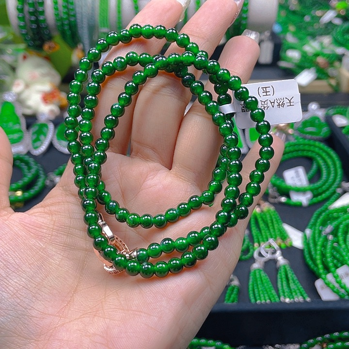 翡翠颈饰未镶嵌大***工圆珠项链辣绿5