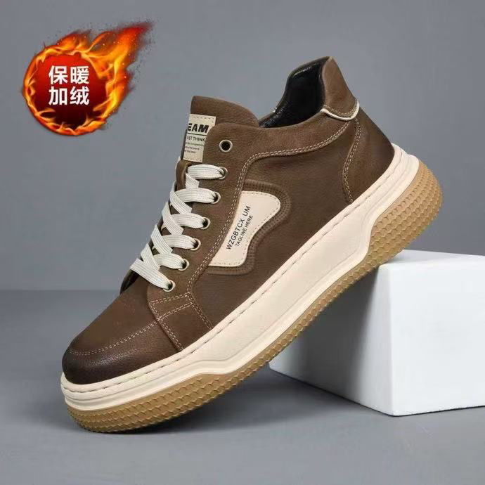 2025冬季新款真皮厚底加绒休闲板鞋