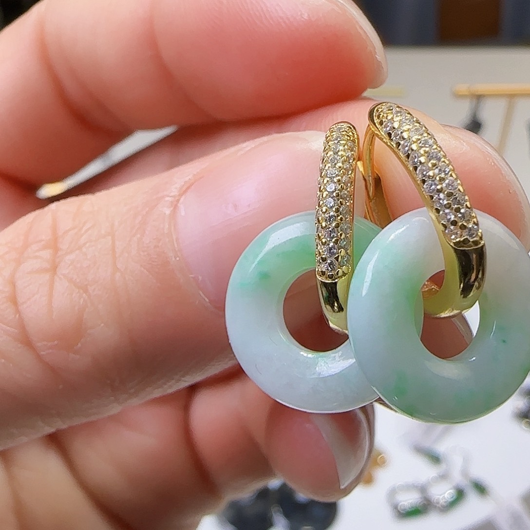 翡翠耳饰银S925镶嵌天然缅甸a货翡翠