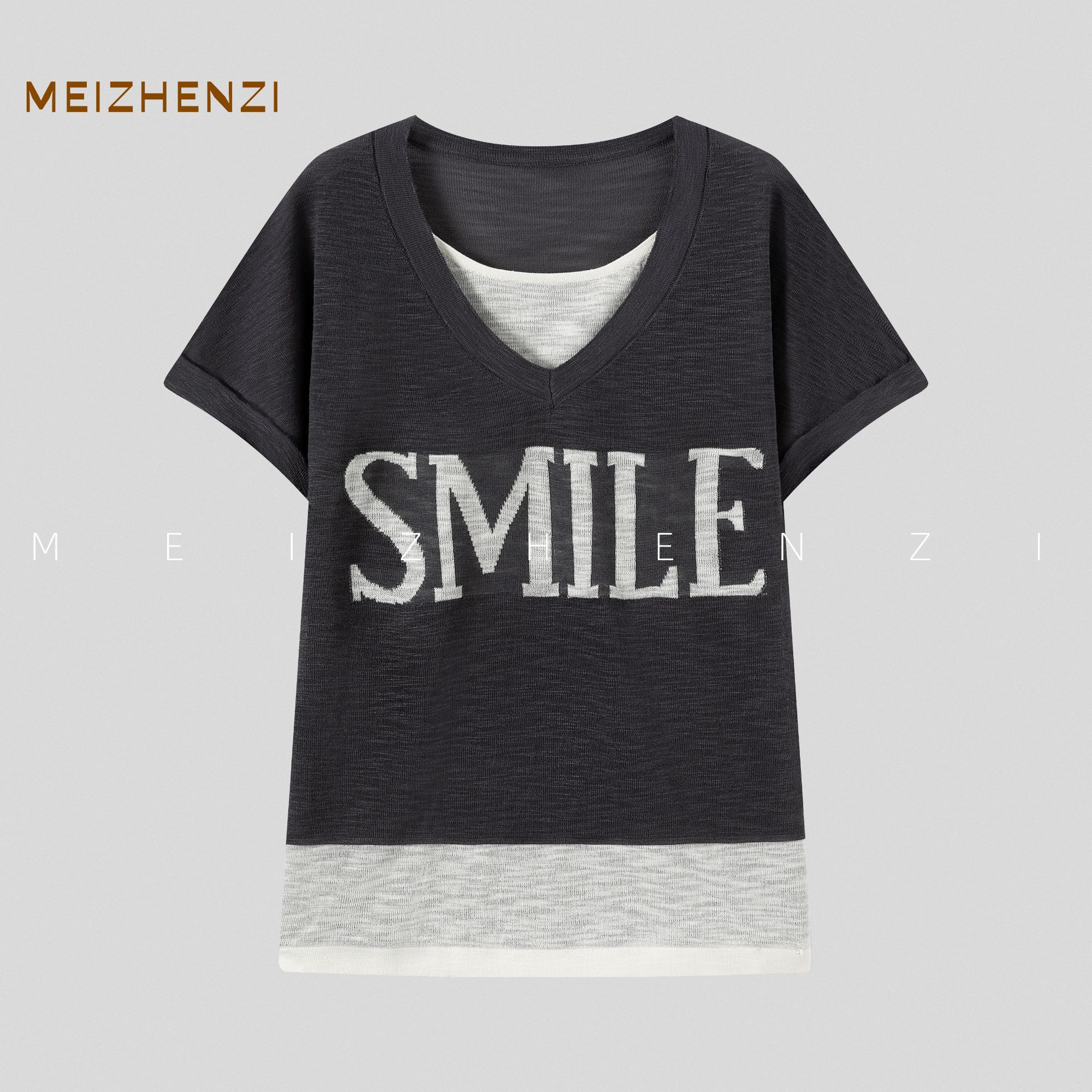 MEIZHENZI【超细醋酸麻】拼接假两件设计短袖T恤女宽松字母针织上衣