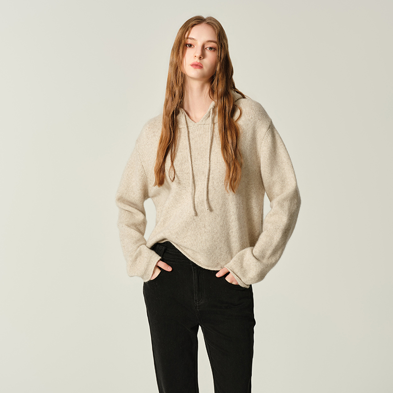 JENDES慵懒松弛 纯色抽绳连帽设计毛针织衫女绵羊毛混纺卫衣毛衫
