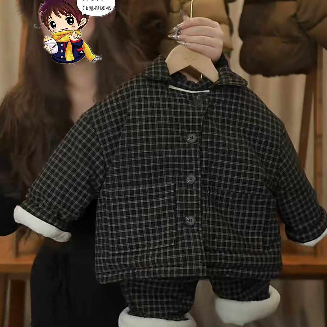 韩版冬季儿童家居服套装睡衣男童加绒保暖女童三层加厚洋气夹棉潮