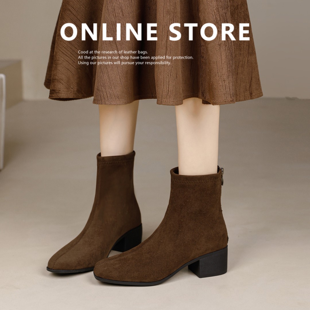 复古高级感短靴女2025秋冬新款粗跟瘦瘦靴法式绒面小裸靴子百搭