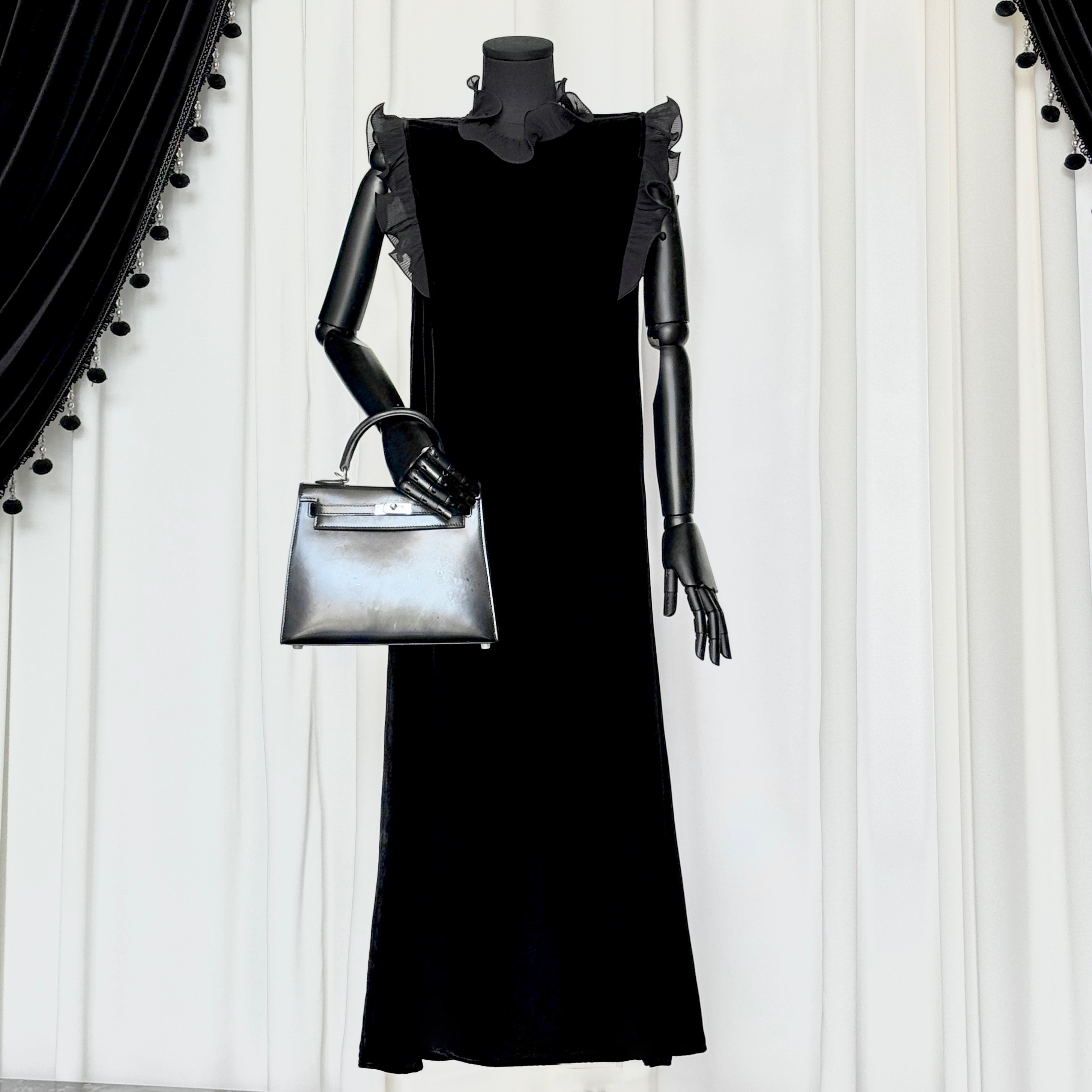 黑色荷叶边优雅高端连衣裙气质显瘦高级感十足