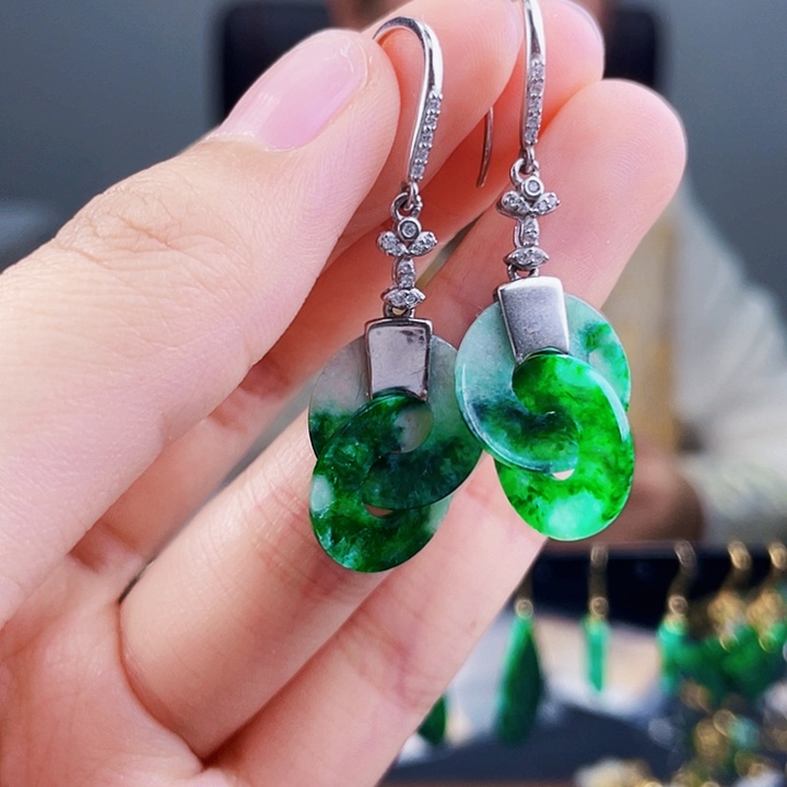 翡翠耳饰银S925镶嵌饰品