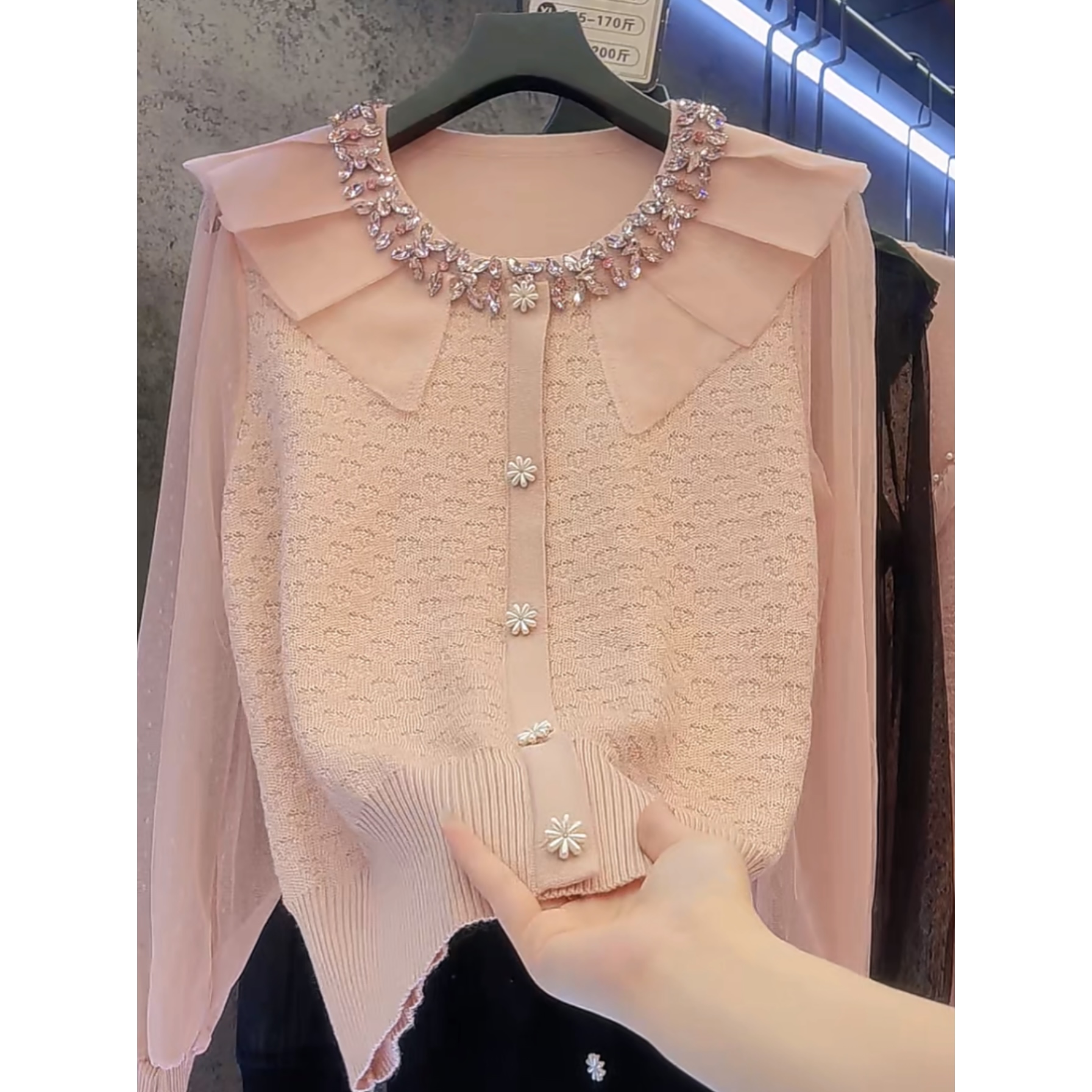 【定制大码女装80-200斤】显瘦百搭蕾丝拼接假开衫上衣女2006