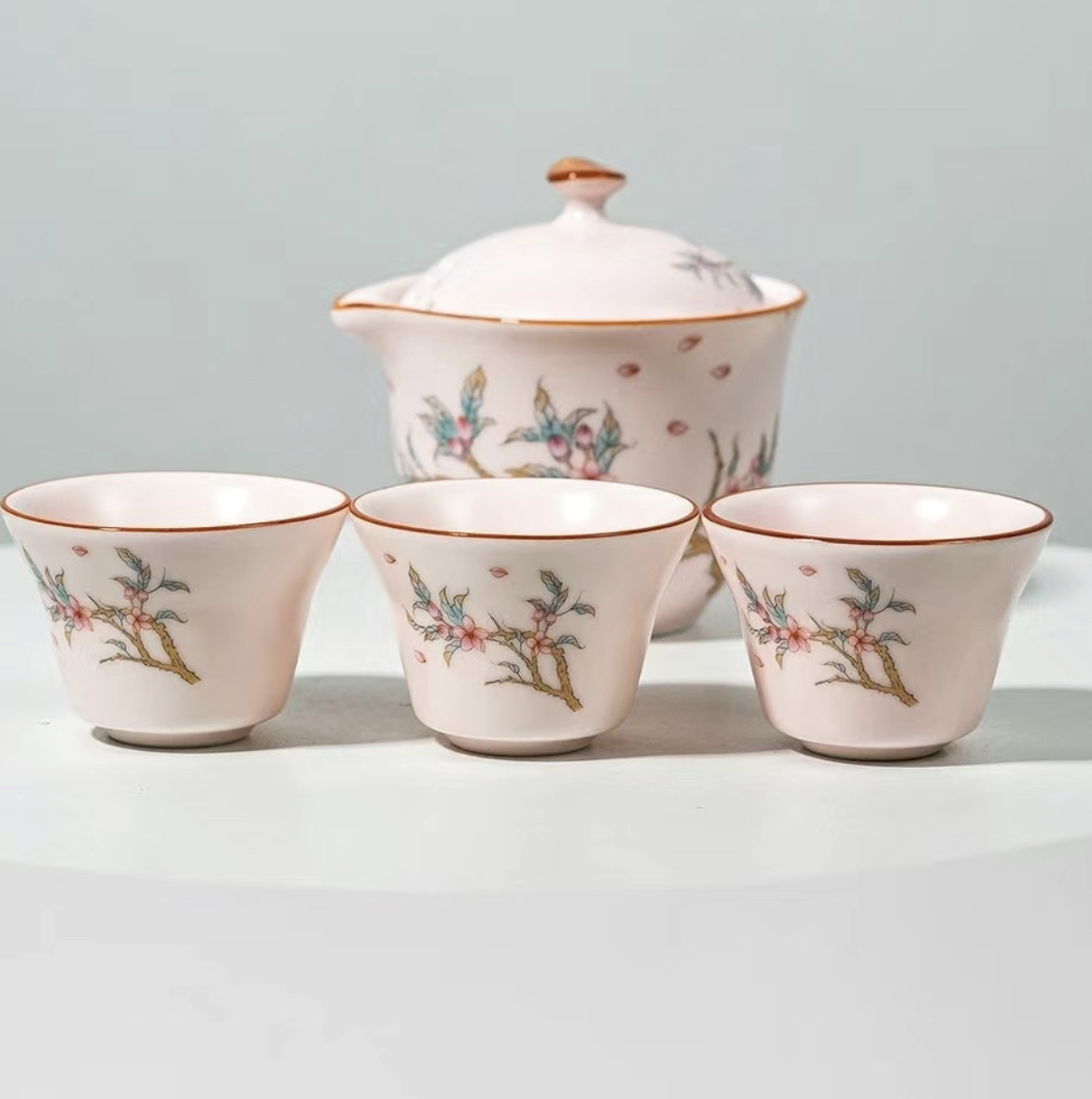 当代 粉汝开片桃花快客杯中式旅行茶具车载便携式手抓壶旅简约