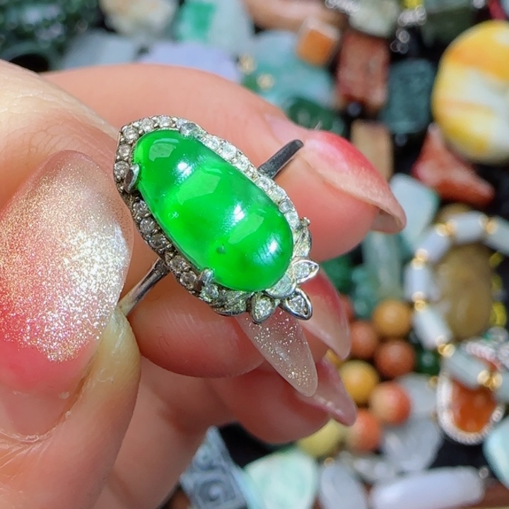 翡翠戒指银S925镶嵌天然A货82