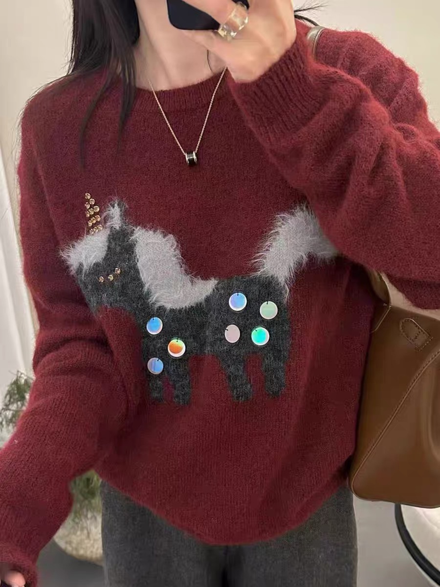 设计感卡通小马圆领套头针织衫秋冬新款百搭减龄打底毛衣