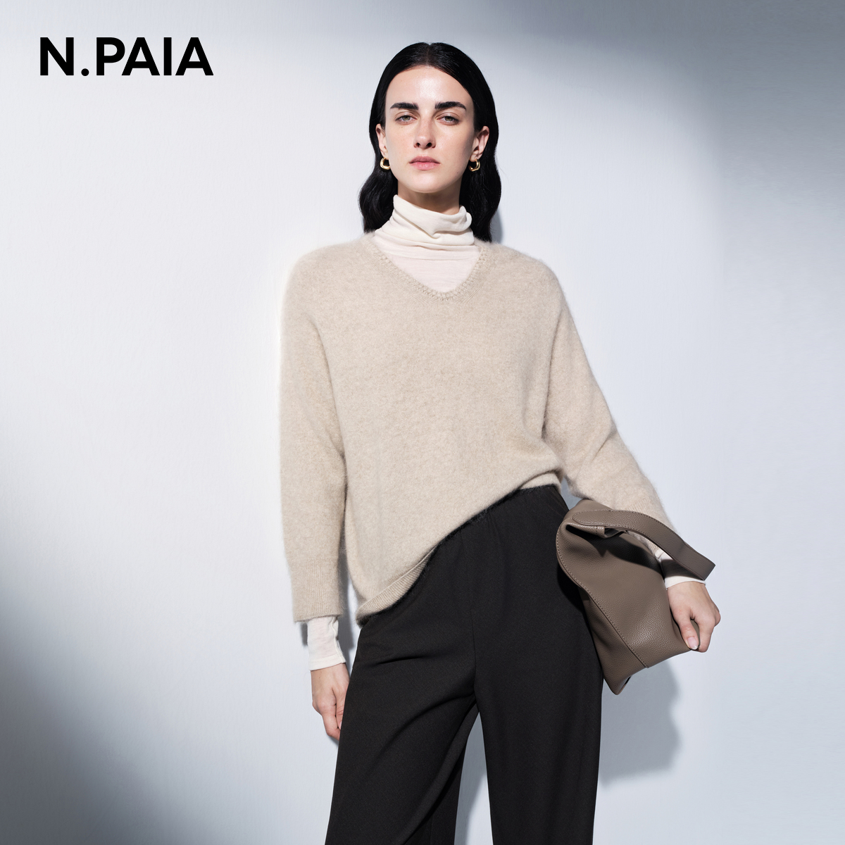 N.PAIA恩派雅2025秋冬新款山羊绒手钩边亮金葱毛针织衫XNKIG9531A