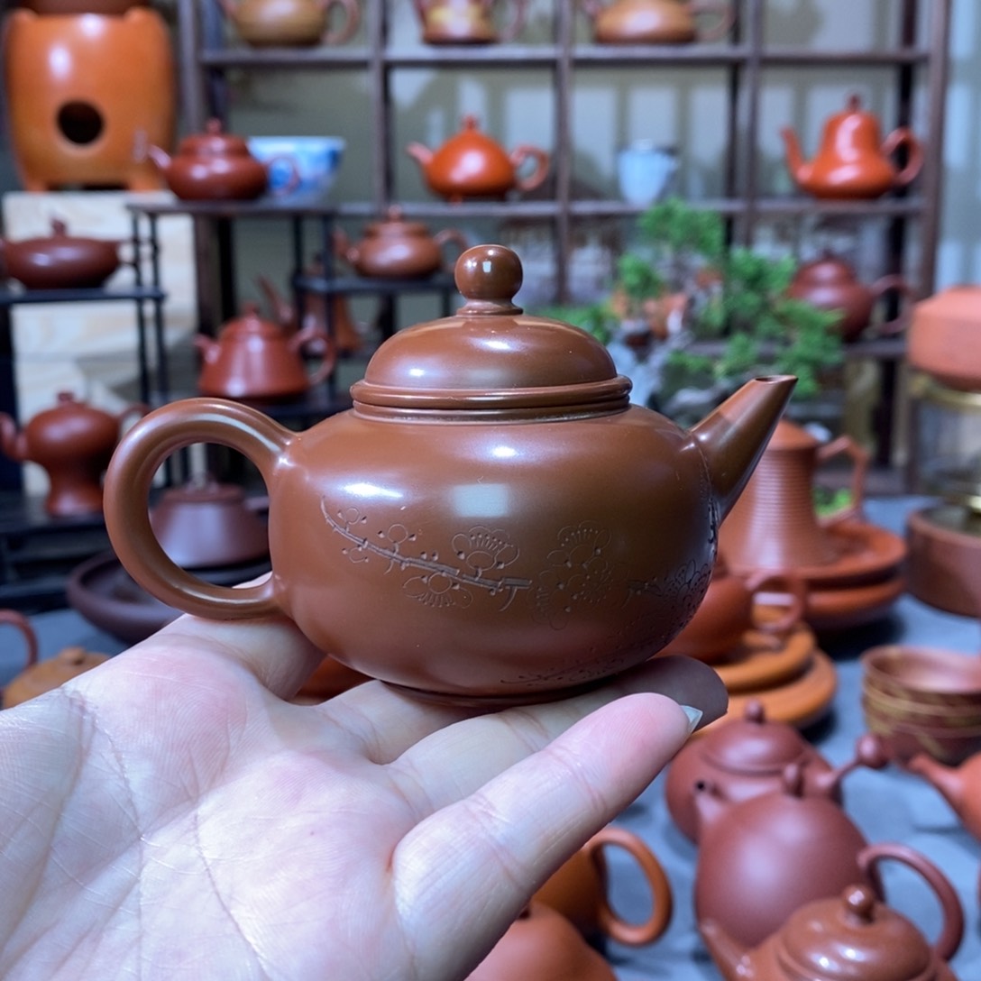 紫砂茶壶吴翰石矿朱泥刻绘水平壶100cc