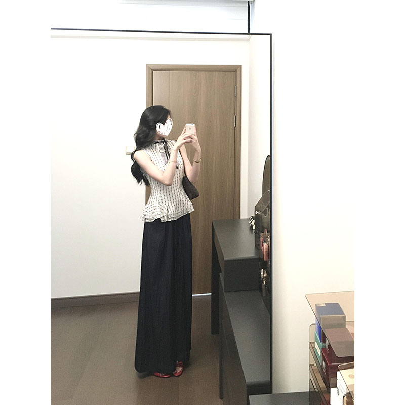 法式复古花边下摆格子无袖背心上衣女夏季设计感小众显瘦阔腿长裤