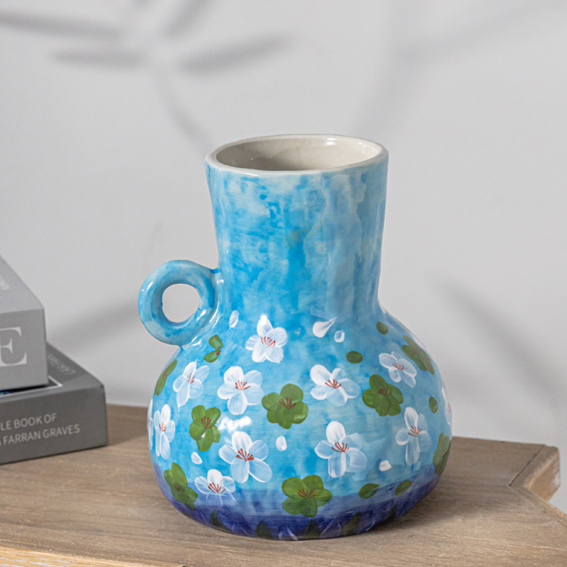 景德镇高端陶瓷花瓶蓝釉手绘五彩单耳尊幽蓝绮梦系列家居摆件