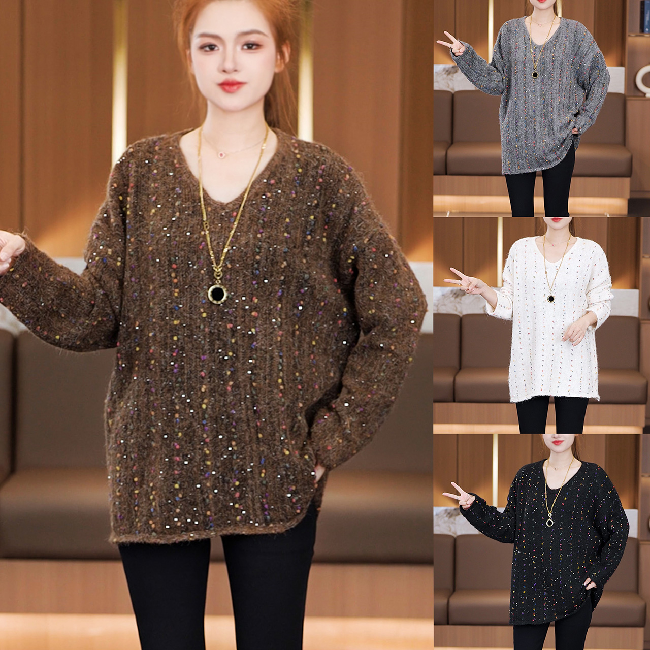 秋冬新款 时尚洋气彩色亮片V领毛衣慵懒风宽松显瘦针织套头上衣