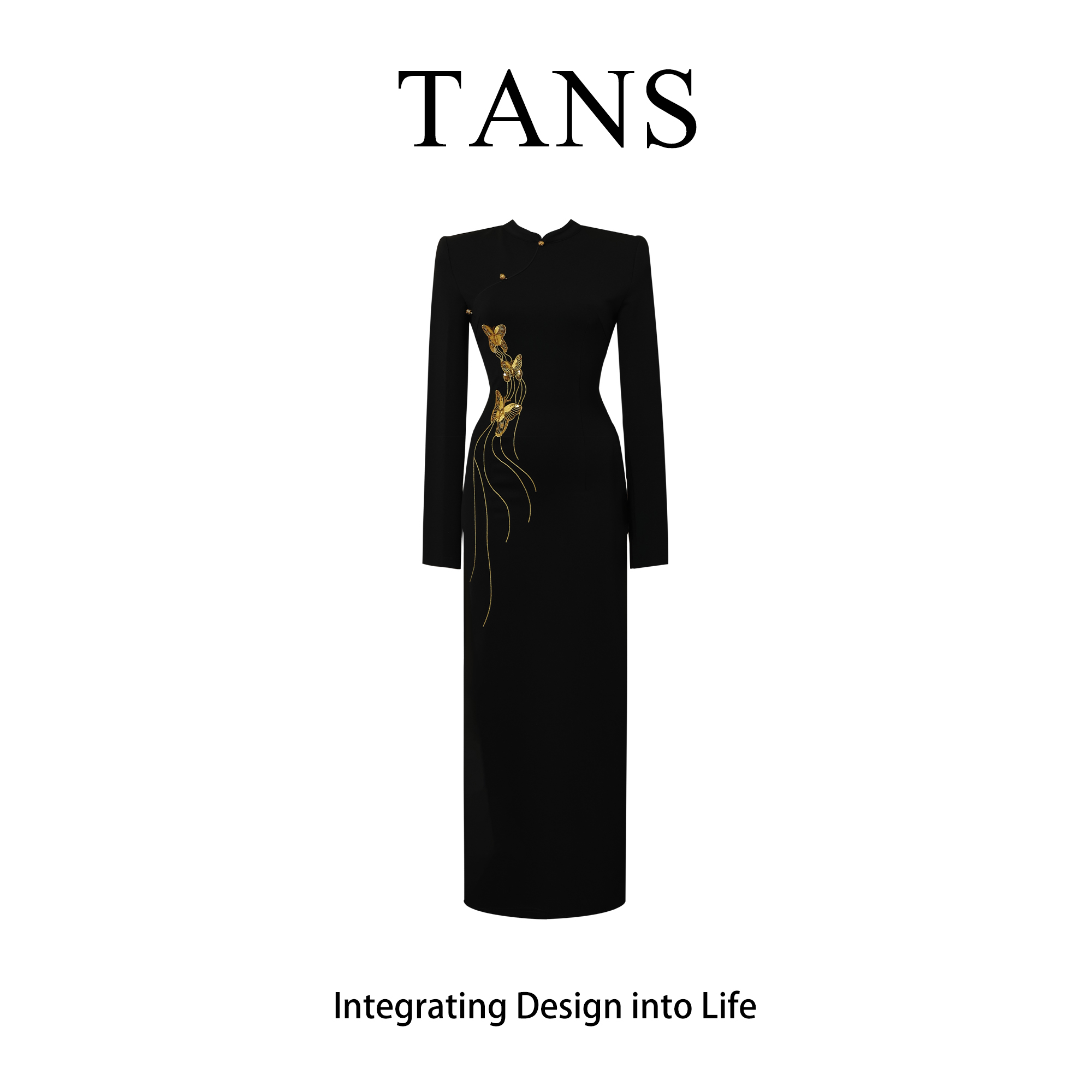 TANS【金斑凤蝶】新中式国风黑色蝴蝶刺绣设计感长款连衣裙