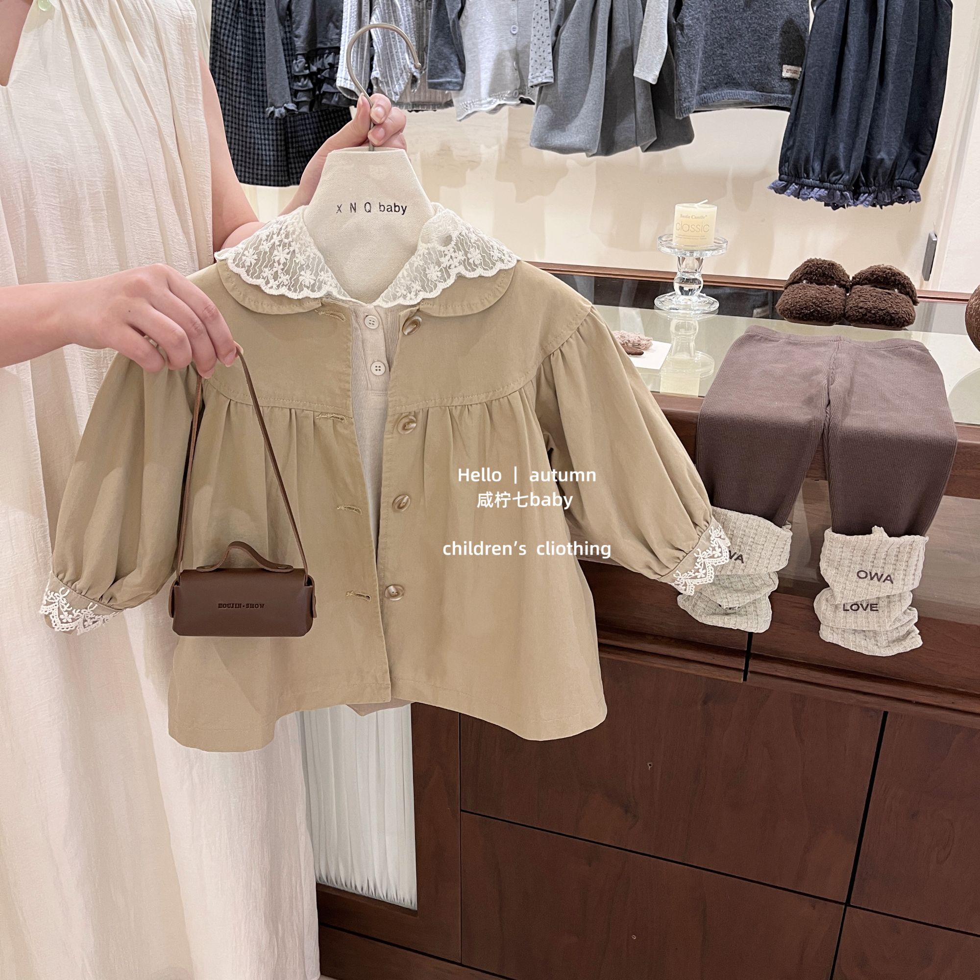 现【咸柠七】韩剧小女主！女童秋装外套韩版洋气中长款翻领蕾丝风衣