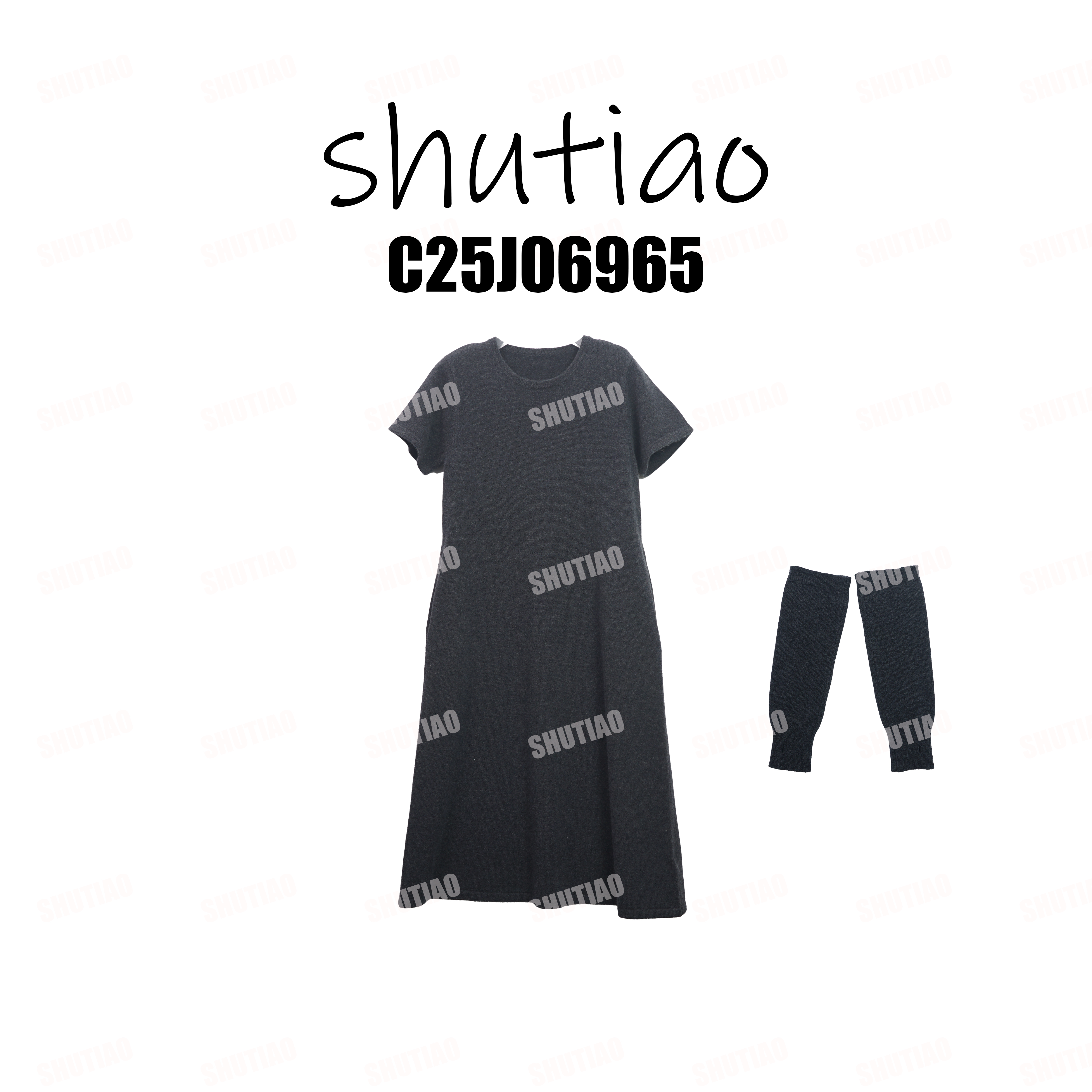 【SHUTIAO】2025冬季：绵羊毛+山羊绒炭灰色带袖套连衣裙C25J06965