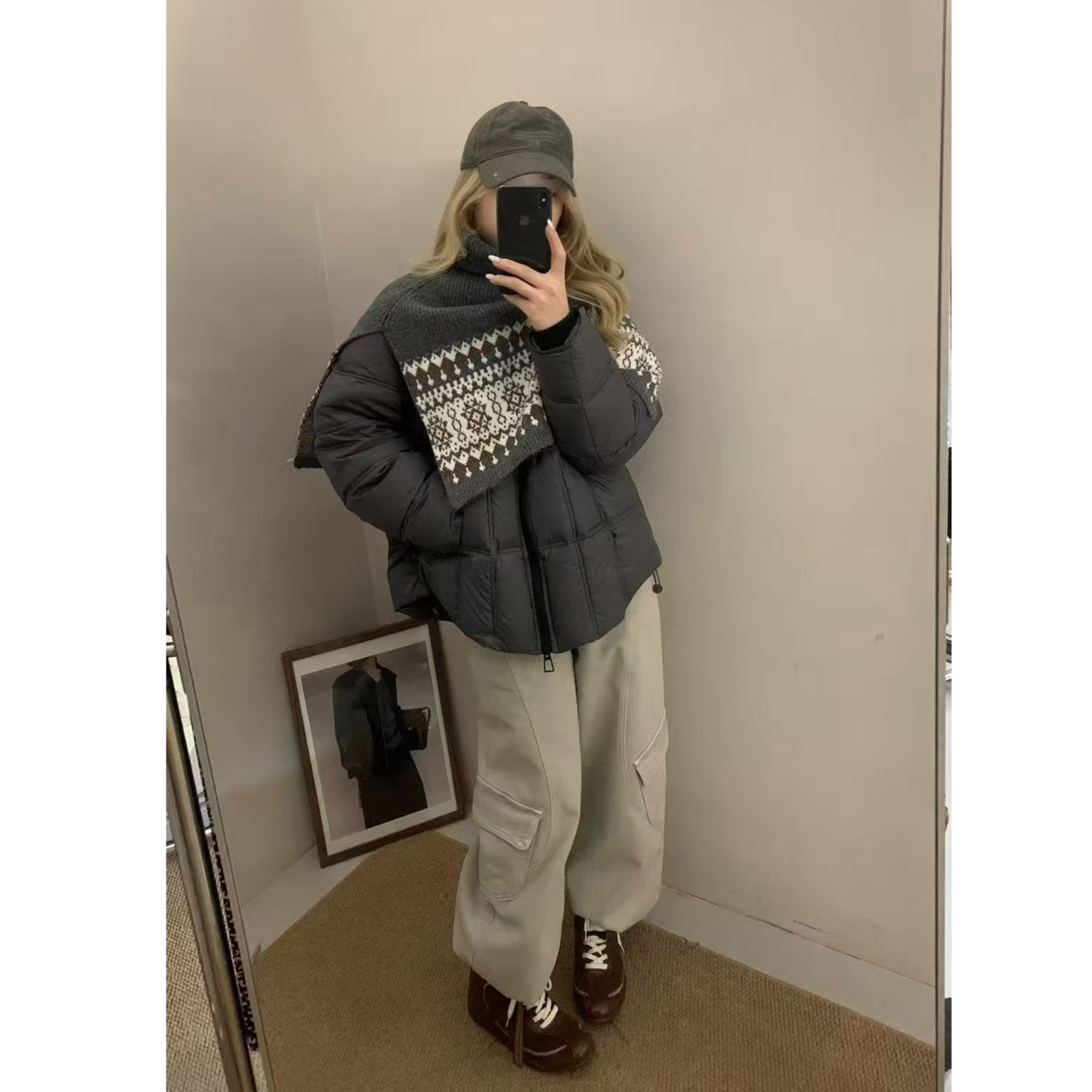 （费尔岛）90白鸭绒提花针织披肩围脖羽绒服