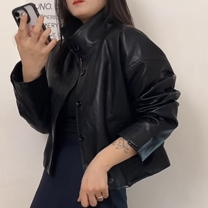 HONGSL【立领皮衣】短款 立领单排扣 后腰松紧 龟背版 女皮衣外套 