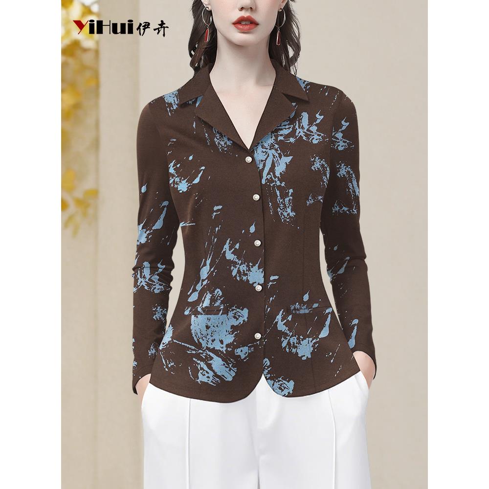 YIHUI伊卉西装领印花衬衫女弹力针织衫上衣女长袖春秋装SH256982