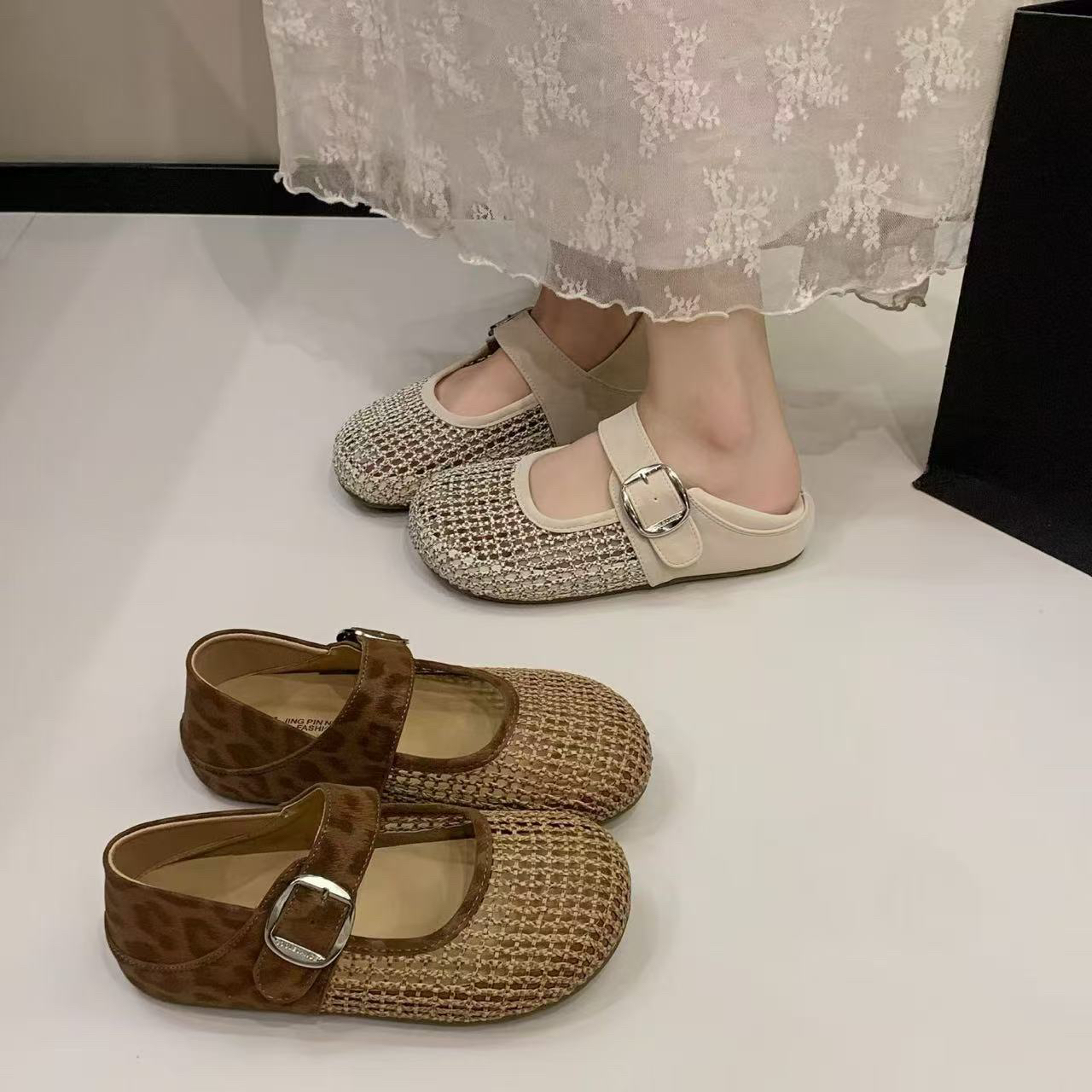 小敏家 复古百搭两穿单鞋 编织镂空透气法式软底浅口凉鞋女