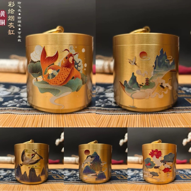 黄铜烟灰缸送人自用带盖彩绘车载办公室书房烟灰缸工艺品摆件