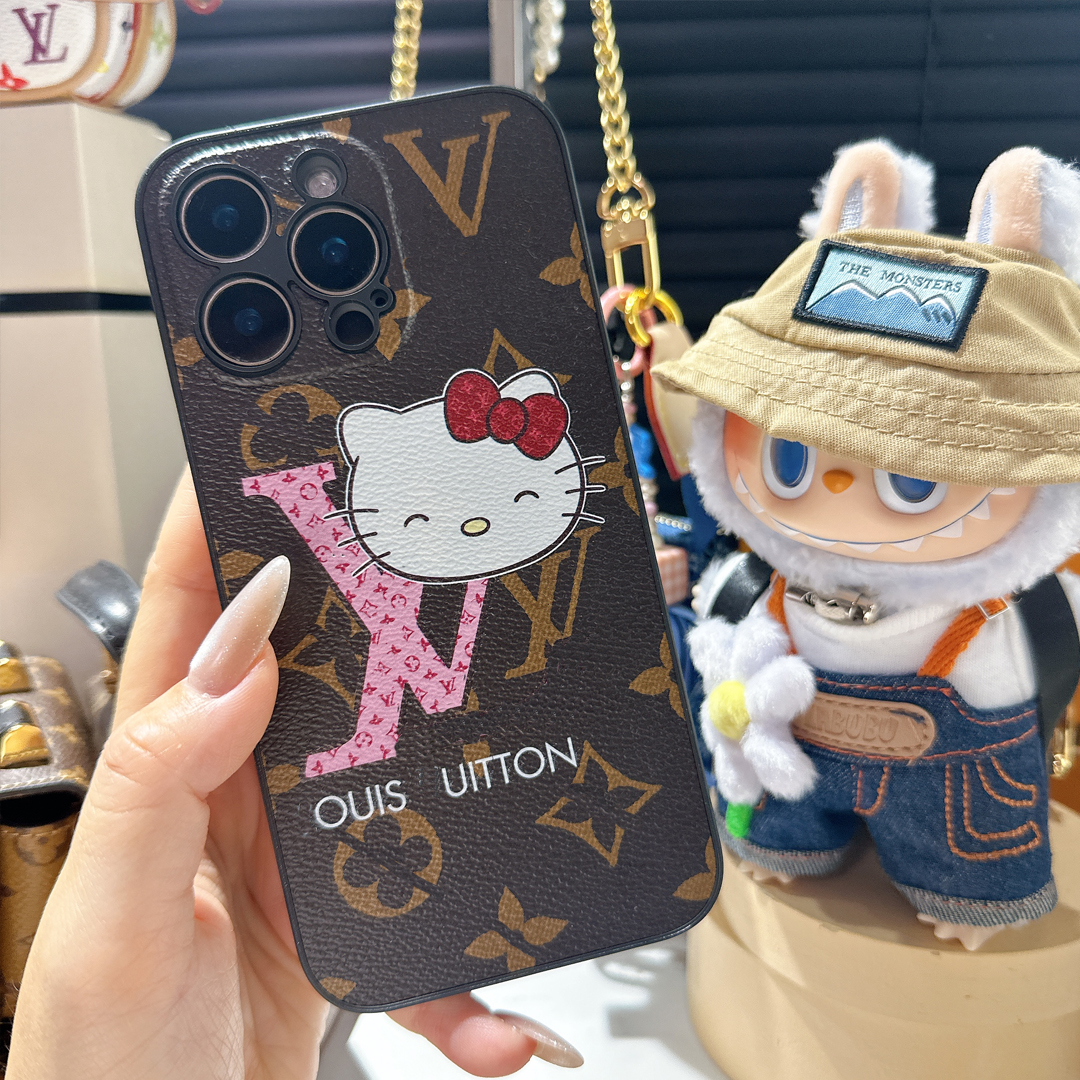 Kitty老花皮质单壳苹果16promax保护套15皮防摔14手机壳13