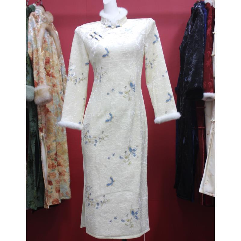 恬子梦旗袍 T952 冬季 蝶迎星 裙长120 长袖加绒加厚修身保暖旗袍