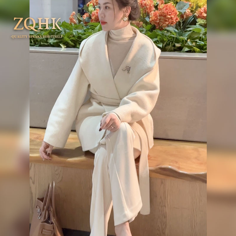 [ZQHK]子琪品牌2025冬季新款气质法式蚕丝驼绒羊毛连帽短款大衣